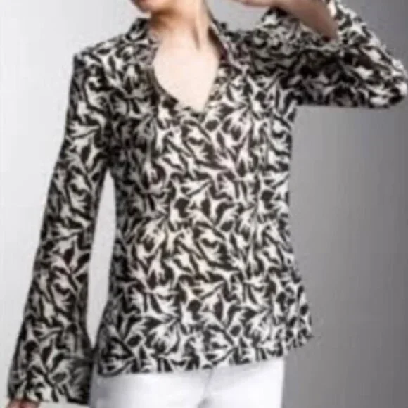TORY BURCH Women's Black & White Monkey Print Sequins V-Neck Cotton Blouse Sz 0 - Picture 8 of 8
